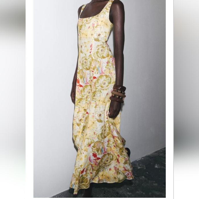 Zara Zw Collection Linen Blend Fit&Flare Floral Print Long Dress Sz-L
